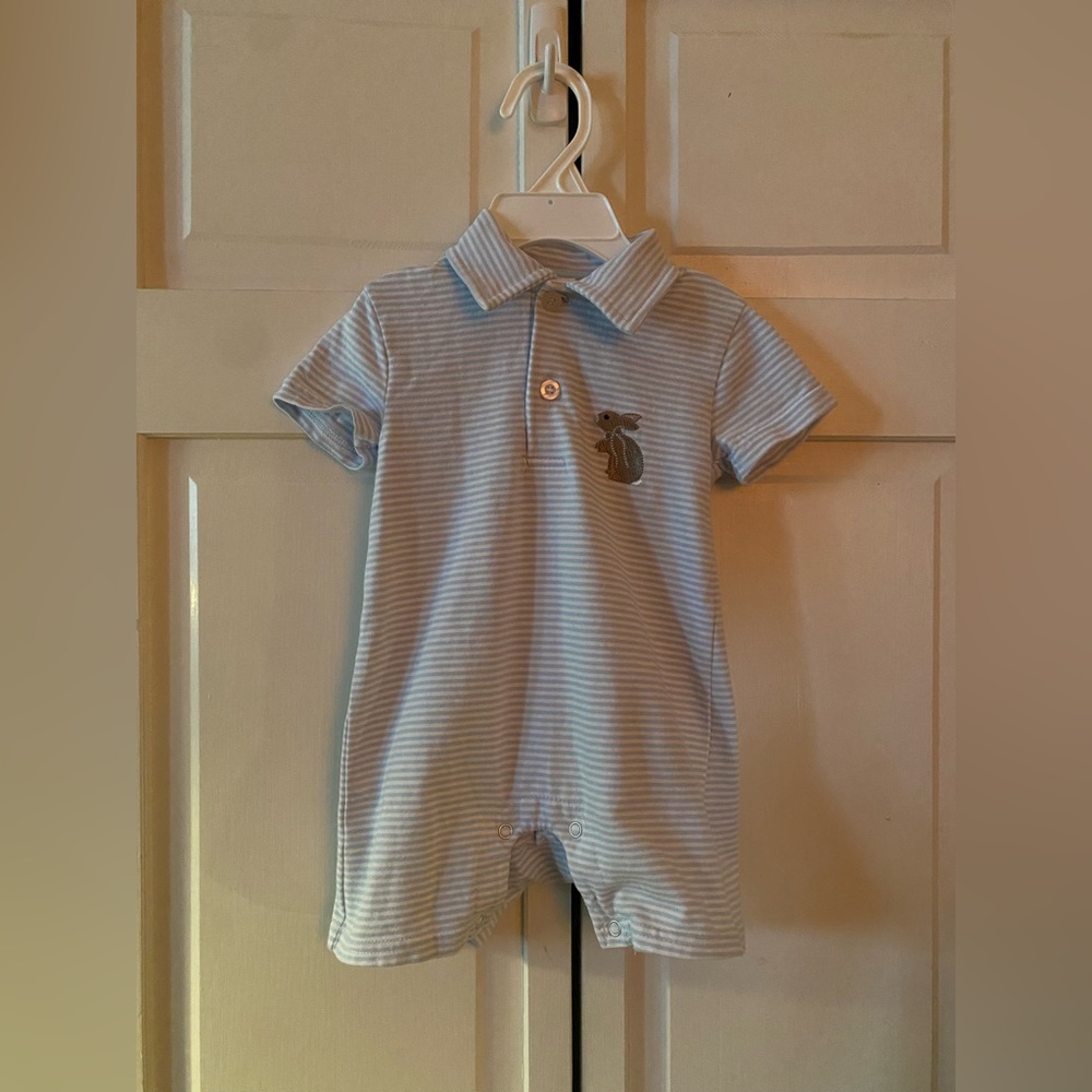 EUC Trotter Street Kids 6 month blue and white  striped bunny romper.